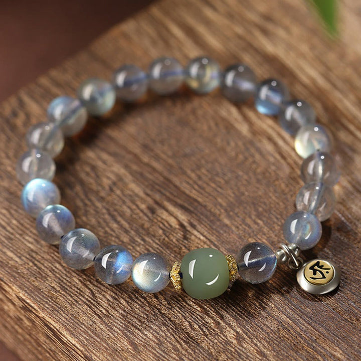 Buddha Stones Chiński Zodiak Natal Budda 925 Srebro Sterling Naturalny Kamień Księżycowy Hetian Jade Pozytywna Bransoletka