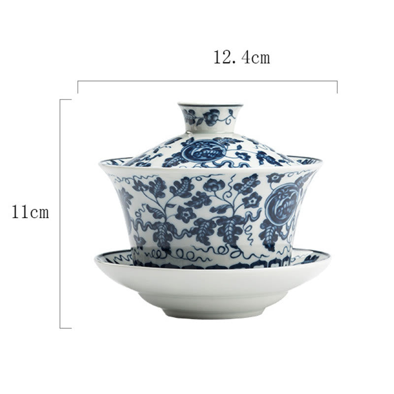 Buddha Stones Niebieskie I Białe Porcelany Lotos Ryba Koi Taniec Lwa Arbuz Ceramiczny Gaiwan Sancai Filiżanka Kung Fu Filiżanka I Spodek Z Pokrywką 300 ml
