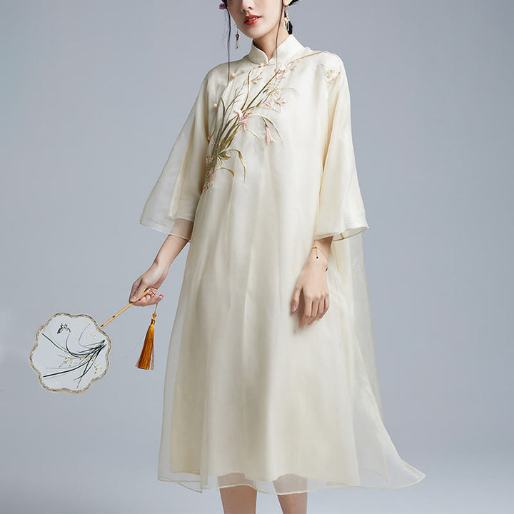 Buddha Stones 100% jedwab morwowy 6 Momme Sukienka Vintage Flower Butterfly Haft Qipao Sukienka damska Cheongsam - Beżowy - US8-10, UK/AU12-14, EU40-42 (XL) - image 0