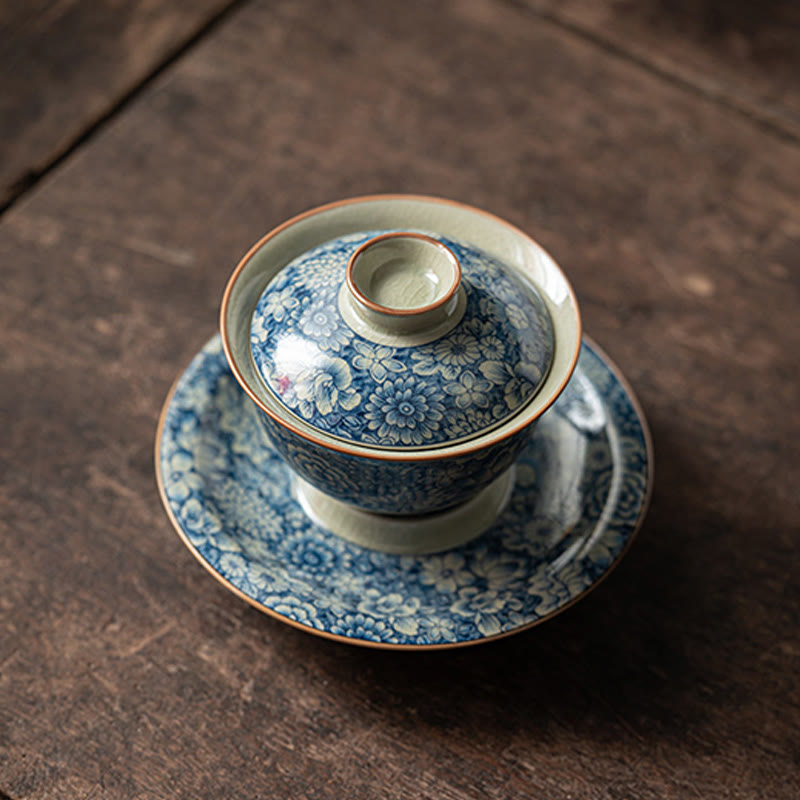 Buddha Stones Vintage Niebieski I Biały Porcelana Brzoskwiniowy Kwiat Lotosu Piwonia Ceramiczny Gaiwan Sancai Filiżanka Kung Fu Filiżanka Do Herbaty I Spodek Z Pokrywką - image 4