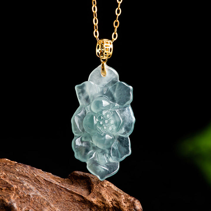 Buddha Stones 18K Złoto Naturalny Jadeit Wzór Lotosu Naszyjnik Wisiorek Dobrobyt - Jadeit (dobrobyt ♥obfitość) - image 1