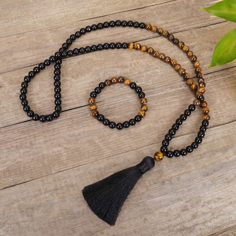 Buddha Stones Tybetański Czarny Onyks Tygrysie Oko Ochrona Naszyjnik Mala Zestaw