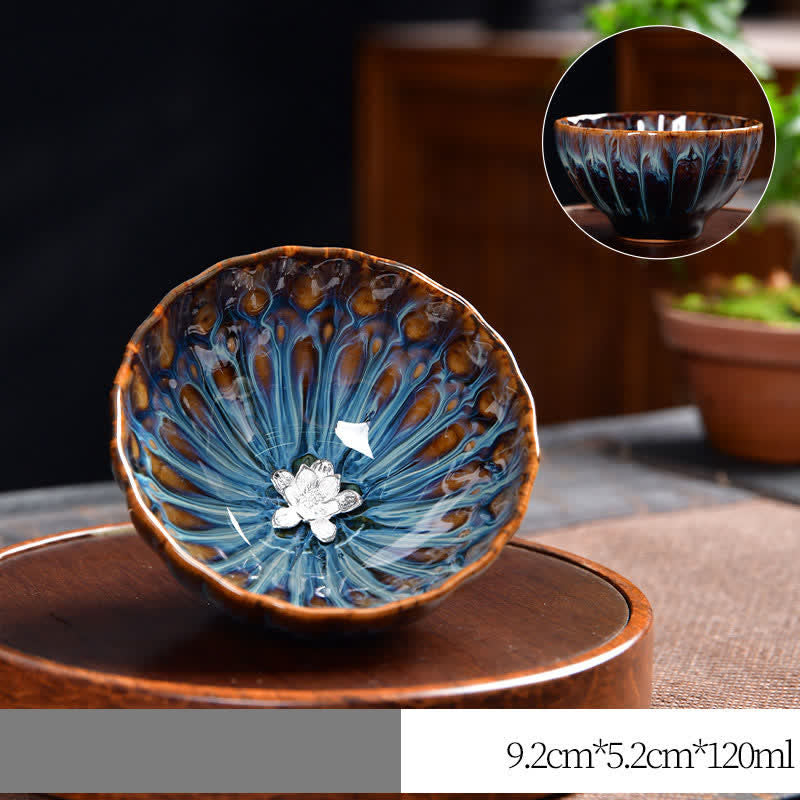 Buddha Stones Lotos Paw Smok Feniks Ryba Koi Ceramiczna filiżanka do herbaty Intarsjowane filiżanki do herbaty 120 ml - Srebrny - Kwiat lotosu - image 19