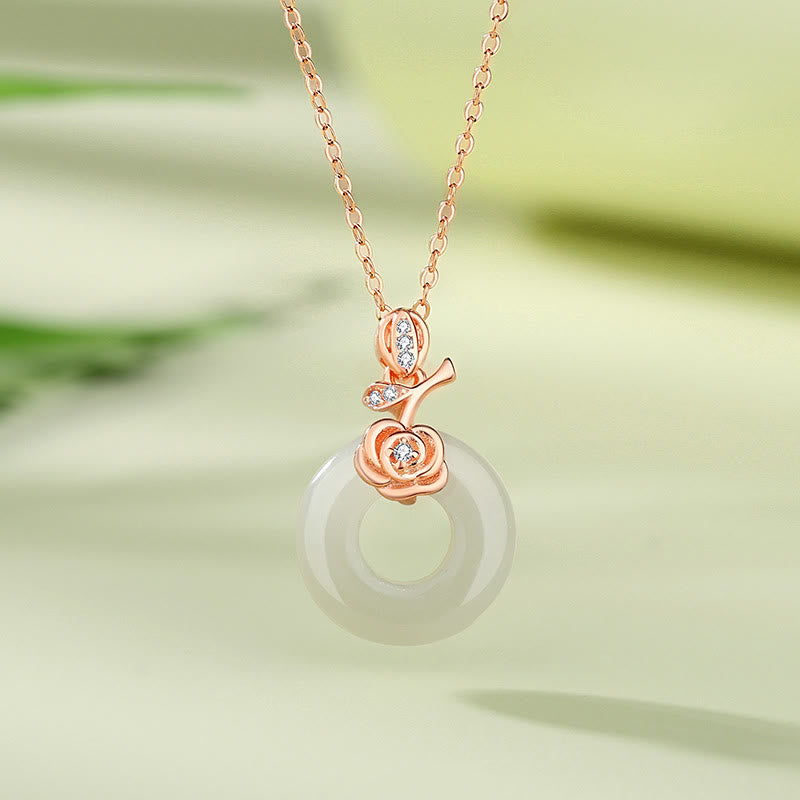 Buddha Stones Srebro Sterling 925 Liść Miłorzębu Motyl Róża Chalcedon Jadeit Hetian Klamra Pokoju Fu Charakter Harmony Naszyjnik Wisiorek