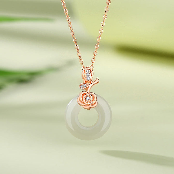 Buddha Stones Srebro Sterling 925 Liść Miłorzębu Motyl Róża Chalcedon Jadeit Hetian Klamra Pokoju Fu Charakter Harmony Naszyjnik Wisiorek
