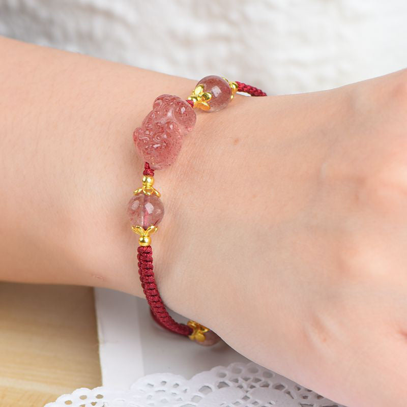 Buddha Stones Naturalny Kryształ Truskawkowy PiXiu Charm Bransoletka Szczęście Czerwony Sznurek