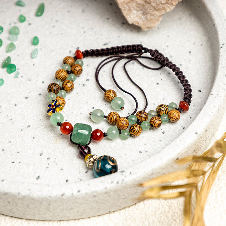 Buddha Stones Bransoletka chroniąca równowagę z drewna wenge z zielonym awenturynem