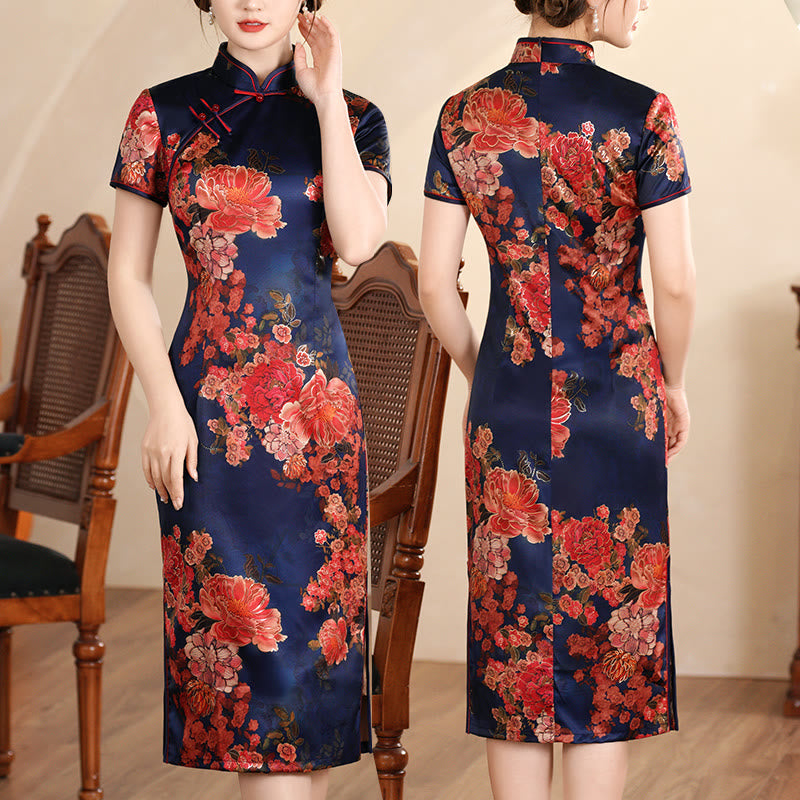 Buddha Stones Retro Kwiat Lotos Piwonia Pióro Druk Qipao Sukienka Damska Cheongsam Sukienka - Granatowa piwonia - US16, UK/AU20, EU48 (5XL) - image 17