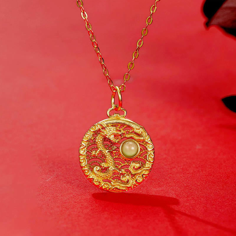 Buddha Stones 925 Srebro Sterling Rok Smoka Pomyślne Chmury Hetian Jade Intarsjowany Naszyjnik Szczęścia Wisiorek - Smok (Ochrona♥Sukces) - image 0