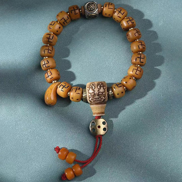 Buddha Stones naturalne tybetańskie kości wielbłąda swastyka Dzi koralik Shankha wisiorek buddy Kirtimukha ochrona szczęścia bransoletka z frędzlami