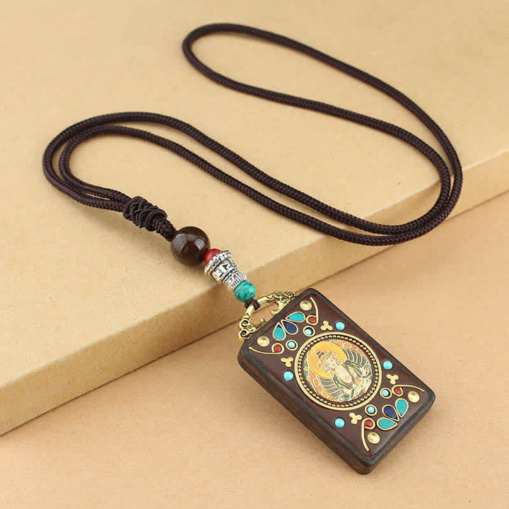 Buddha Stones Tybet Bóg Bogactwa Thangka Ebony Naszyjnik Pokój Wisiorek