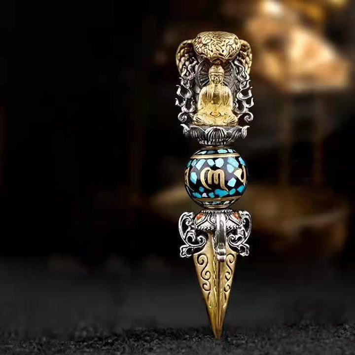Buddha Stones Tybetański Om Mani Padme Hum Budda Obrót Bogactwa Naszyjnik Wisiorek Vajra - Wisiorek i czarny sznurek - image 1