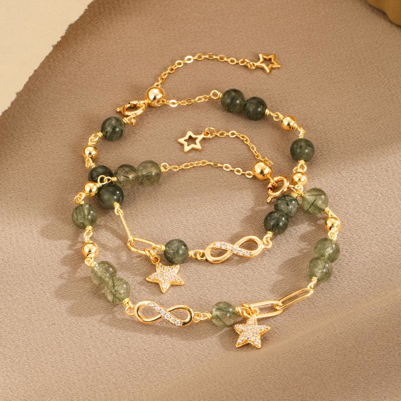 Buddha Stones 14K Złoto Zielony Rutilated Quartz Möbius Loop Bransoletka Ochronna Wiecznej Miłości Gwiazdy