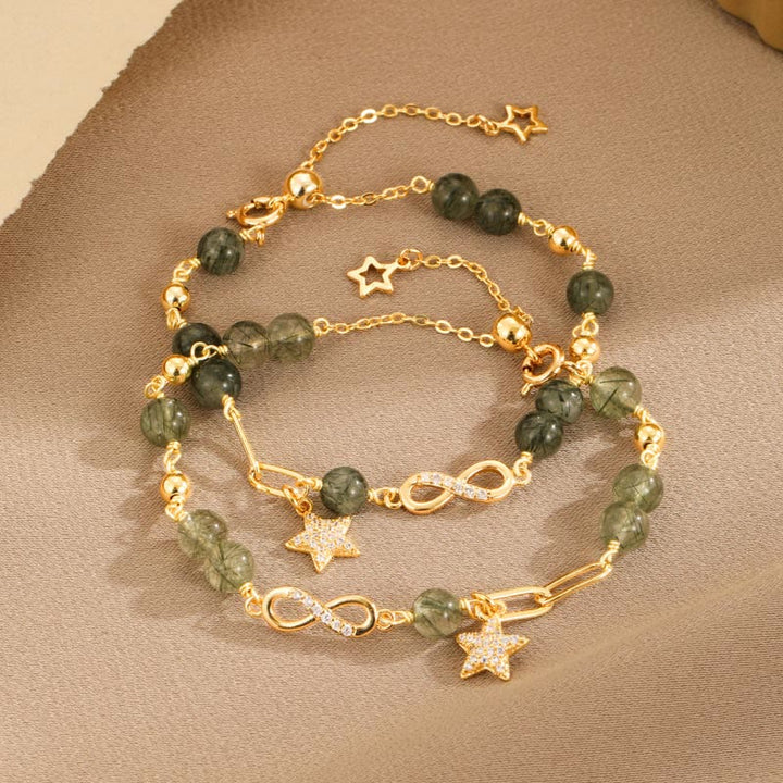Buddha Stones 14K Złoto Zielony Rutilated Quartz Möbius Loop Bransoletka Ochronna Wiecznej Miłości Gwiazdy