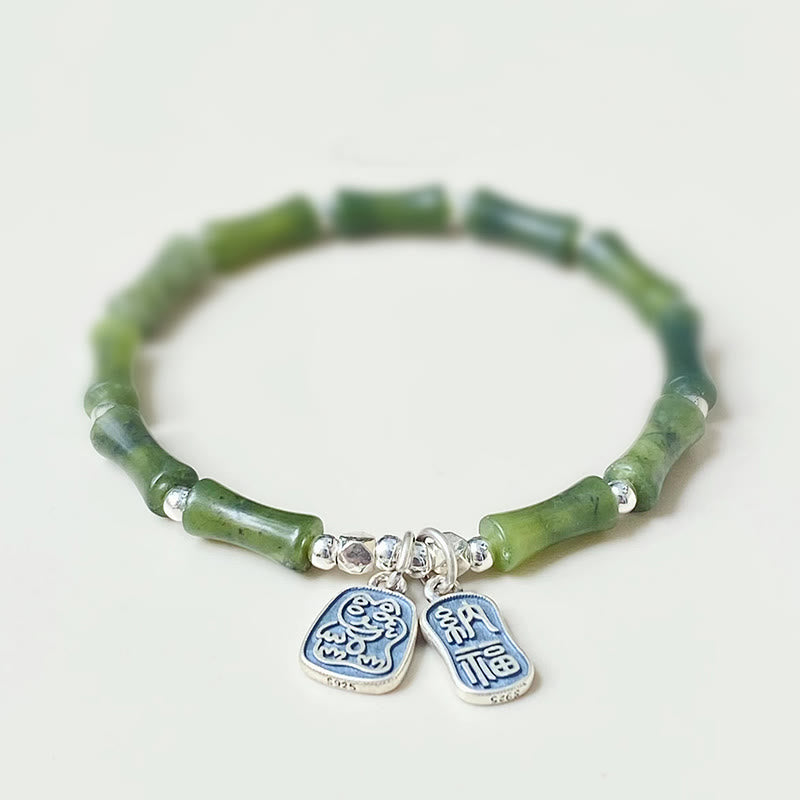 Buddha Stones 925 Srebro Sterlingowe Bambus Jade Lucky Cat Fu Character Luck Abundance Bransoletka - 16 cm - image 1
