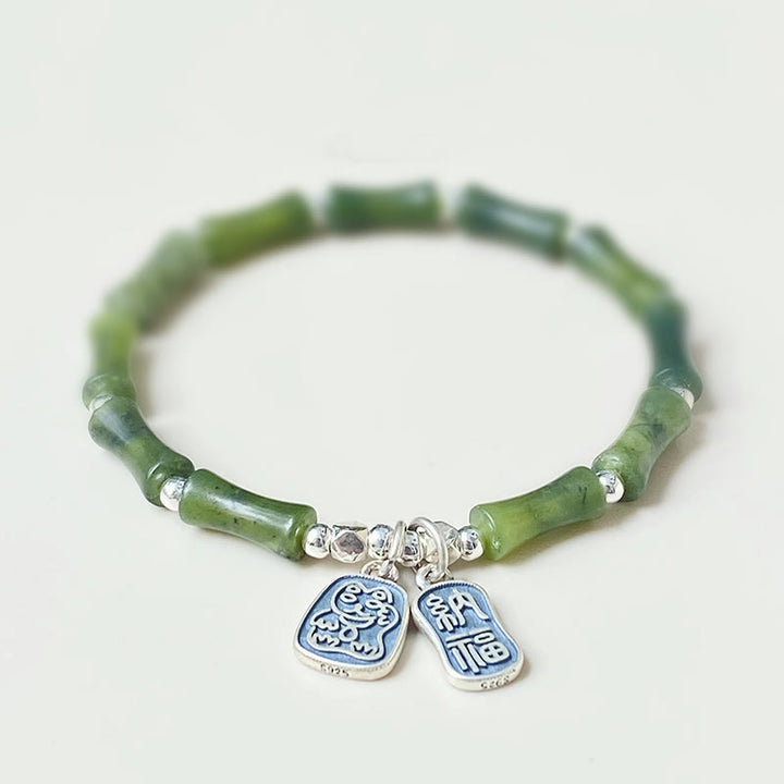Buddha Stones 925 Srebro Sterlingowe Bambus Jade Lucky Cat Fu Character Luck Abundance Bransoletka - 16 cm - image 1