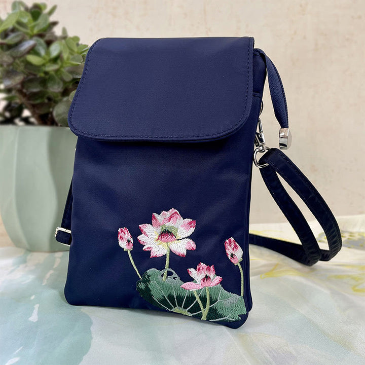 Buddha Stones Wodoodporna Ręcznie Haftowane Kwiaty Lotosu Torba Crossbody Torba Na Ramię Torba Na Telefon Komórkowy