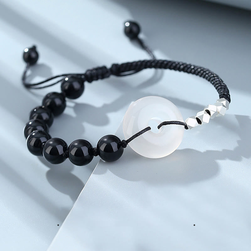 Buddha Stones 925 Sterling Silver Black Obsidian Agat Peace Buckle Strength