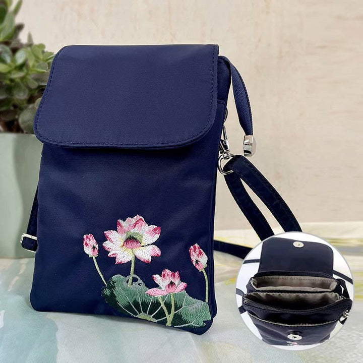 Buddha Stones Wodoodporna Ręcznie Haftowane Kwiaty Lotosu Torba Crossbody Torba Na Ramię Torba Na Telefon Komórkowy