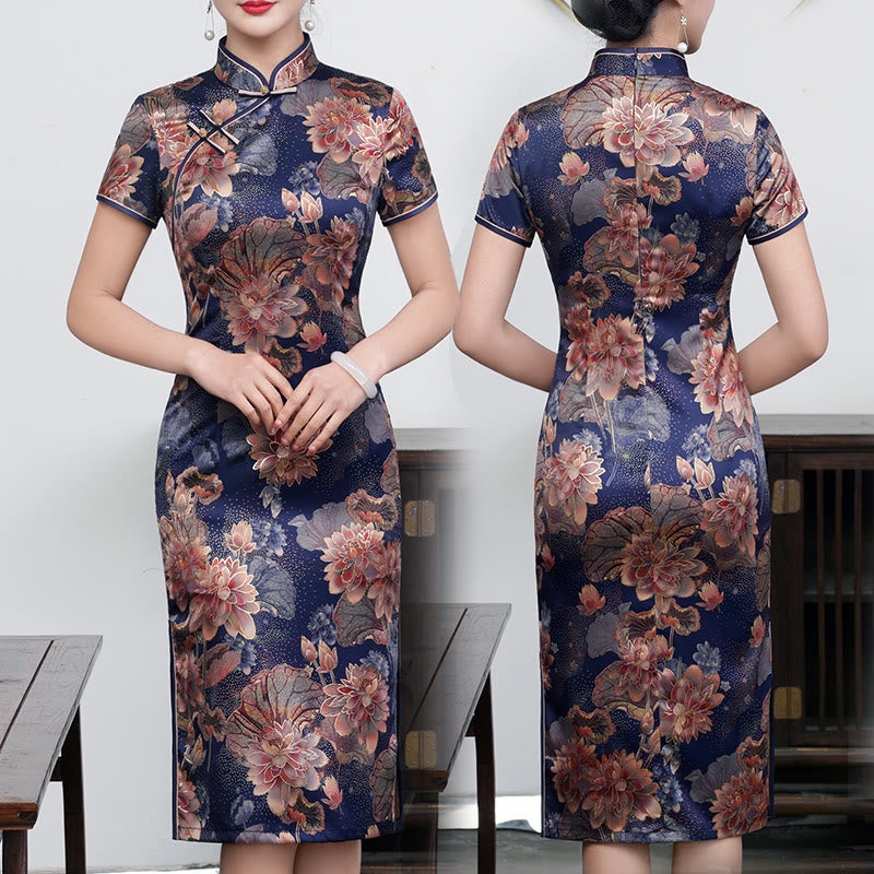 Buddha Stones Retro Kwiat Lotos Piwonia Pióro Druk Qipao Sukienka Damska Cheongsam Sukienka - Fioletowy Lotos - US16, UK/AU20, EU48 (5XL) - image 13