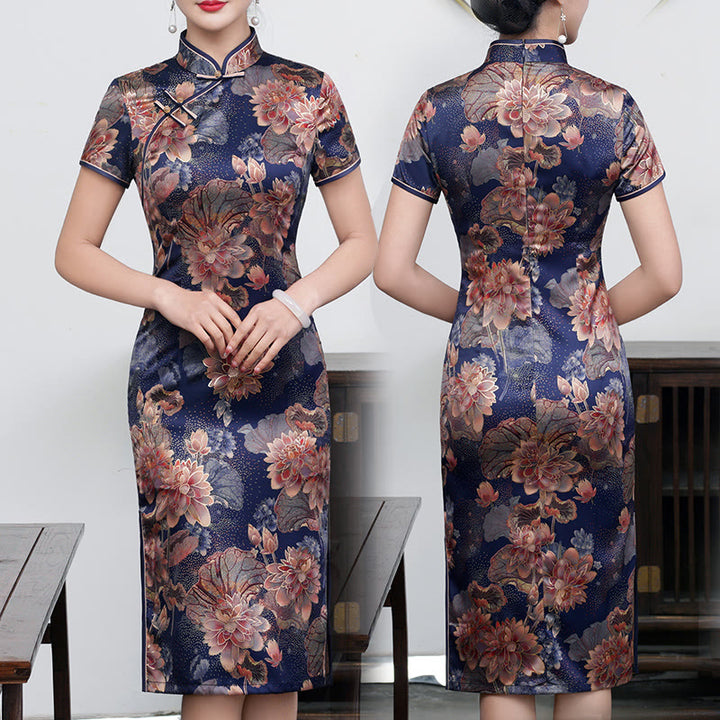 Buddha Stones Retro Kwiat Lotos Piwonia Pióro Druk Qipao Sukienka Damska Cheongsam Sukienka - Fioletowy Lotos - US16, UK/AU20, EU48 (5XL) - image 13