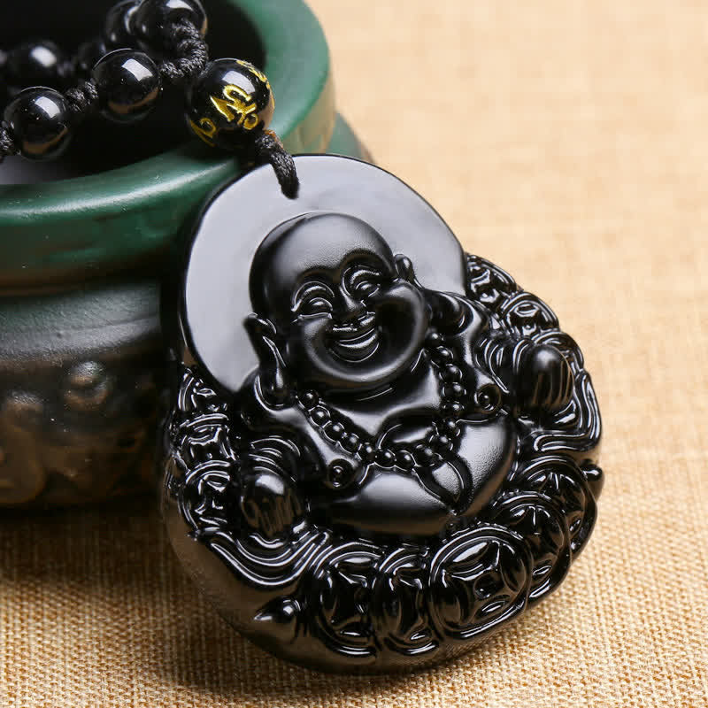 Naszyjnik z Buddha Stones Śmiejący się Budda Czarny Obsydian Siła Ochrona - image 2