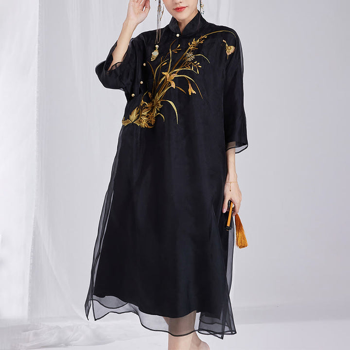 Buddha Stones 100% jedwab morwowy 6 Momme Sukienka Vintage Flower Butterfly Haft Qipao Sukienka damska Cheongsam - image 15
