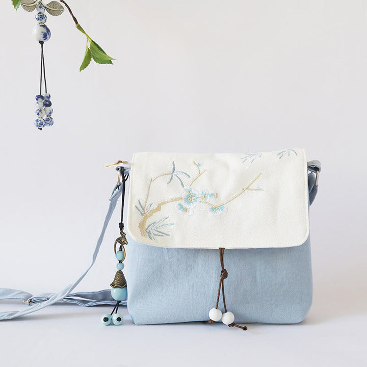 Buddha Stones , ręcznie haftowane kwiaty śliwkowe, płócienna torba typu crossbody, torba na ramię