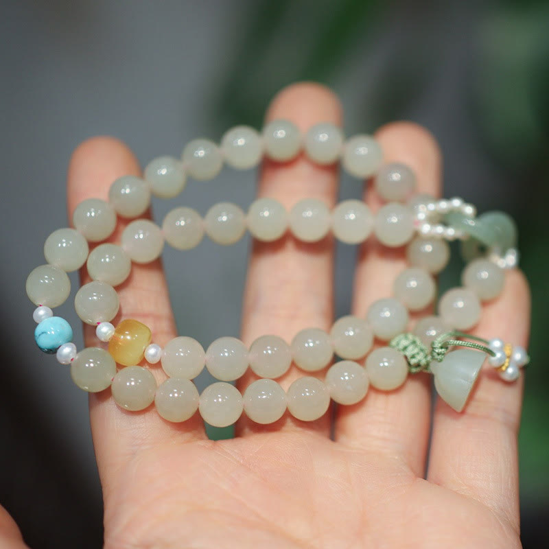 Buddha Stones 925 Srebro Sterlingowe Hetian Jade Podwójna Klamra Pokoju Bransoletka Lotus Luck Double Wrap