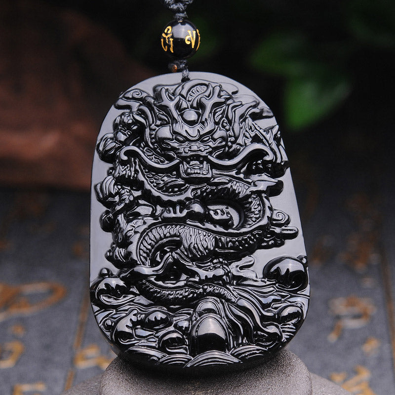 Buddha Stones Naszyjnik z wisiorkiem w kształcie smoka z czarnego obsydianu - image 2