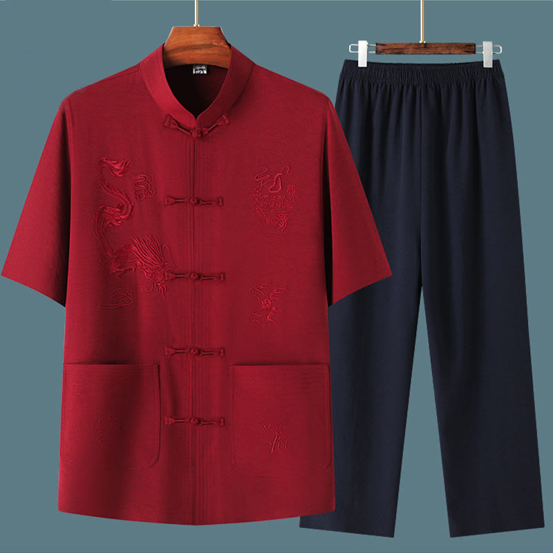 Buddha Stones Tang Suit Hanfu Chiński Smok Tradycyjny Kung Fu Jednolity Krótki Rękaw Topy i Spodnie Odzież Męska Zestaw - image 17