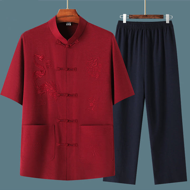Buddha Stones Tang Suit Hanfu Chiński Smok Tradycyjny Kung Fu Jednolity Krótki Rękaw Topy i Spodnie Odzież Męska Zestaw - image 17