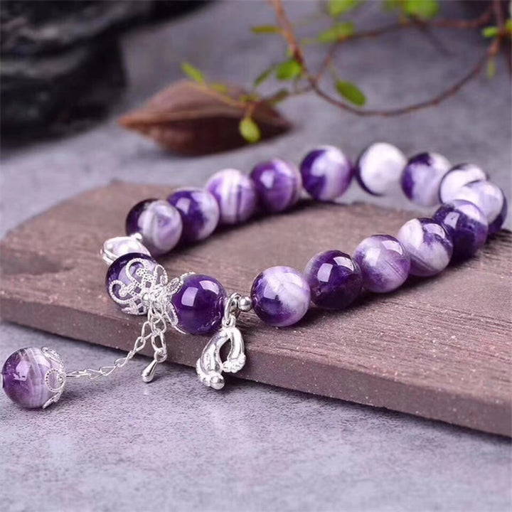 Buddha Stones 925 Srebro Sterling Naturalny Ametyst Uzdrawiająca Stopa Miłość Serce Bransoletka