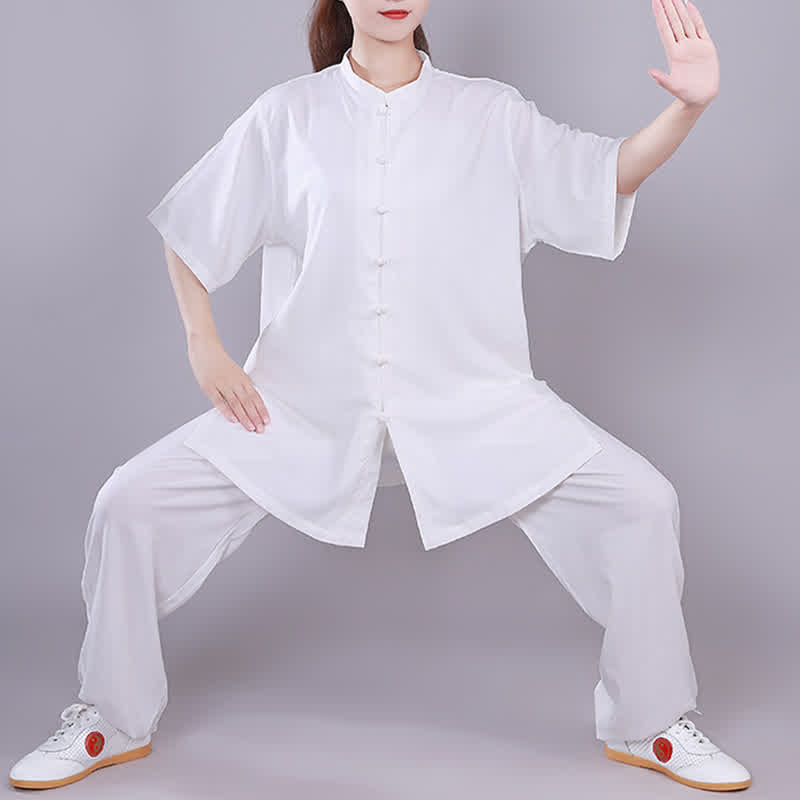Buddha Stones Tai Chi Qigong Medytacja Modlitwa Duchowa Praktyka Zen Unisex Bawełniany Lniany Zestaw Ubrań - Biały - Krótki rękaw - US14, UK/AU18, EU46 (3XL)  - image 0
