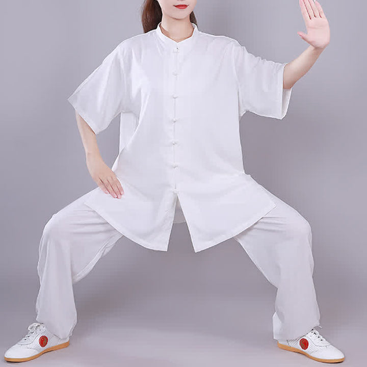Buddha Stones Tai Chi Qigong Medytacja Modlitwa Duchowa Praktyka Zen Unisex Bawełniany Lniany Zestaw Ubrań - Biały - Krótki rękaw - US14, UK/AU18, EU46 (3XL)  - image 0