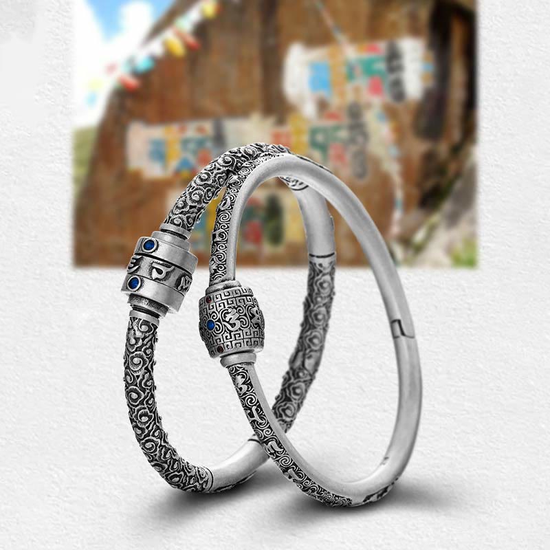 Buddha Stones 990 Srebro Sterling Tybetańskie Pomyślne Chmury Om Mani Padme Hum Grawerowana Bransoletka Kreatywności Bangle