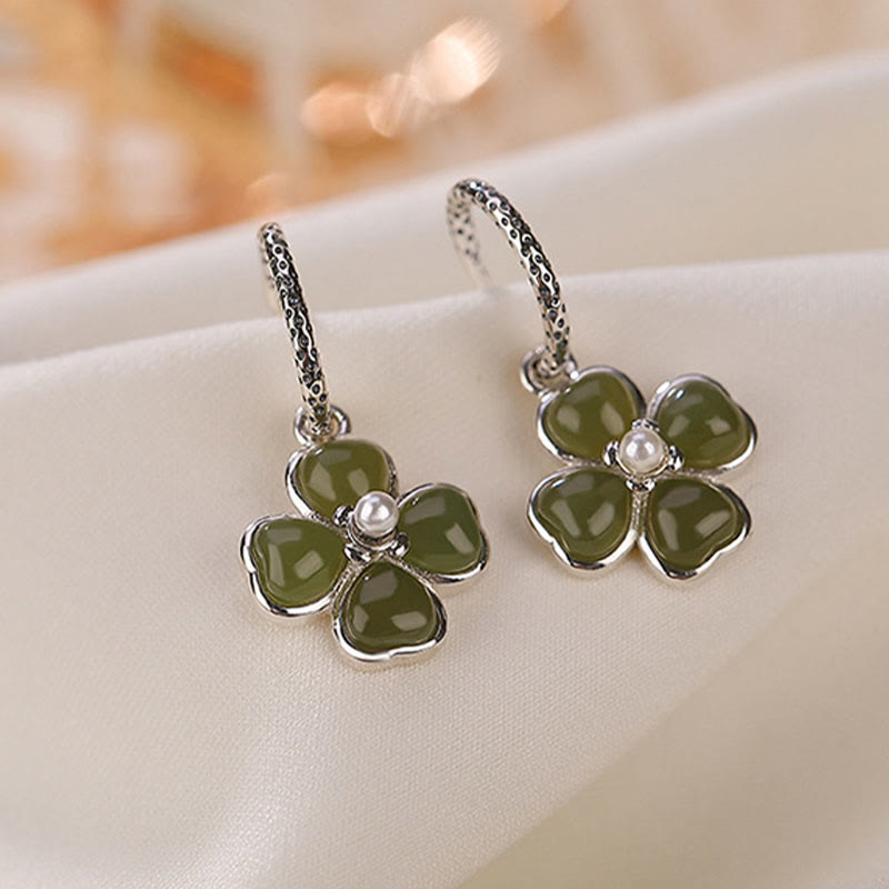 Kolczyki Buddha Stones 925 Sterling Silver Natural Cyan Jade Four Leaf Clover Luck Success