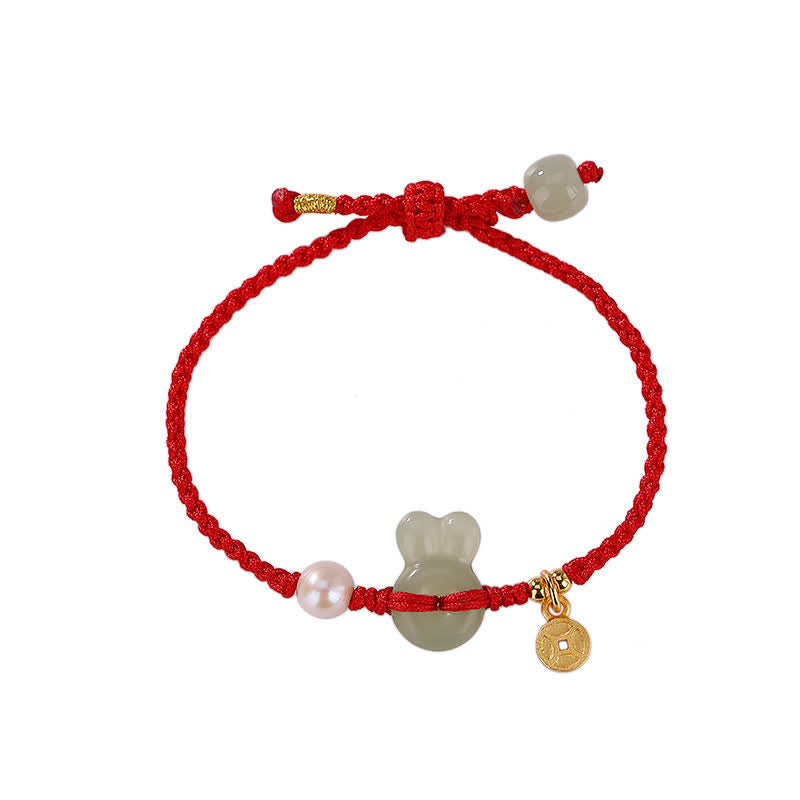 925 Srebro Sterling Rok Królika Hetian Jade Miedź Moneta Bogactwo Bransoletka z Czerwonego Sznurka