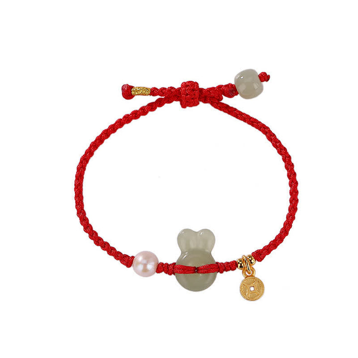 925 Srebro Sterling Rok Królika Hetian Jade Miedź Moneta Bogactwo Bransoletka z Czerwonego Sznurka