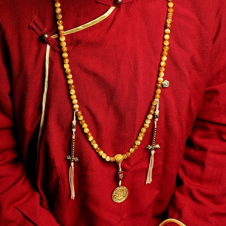 Buddha Stones 108 Mala Koraliki Naturalne Tygrysie Oko Miedź Dorje Ochrona Bransoletka z Chwostem