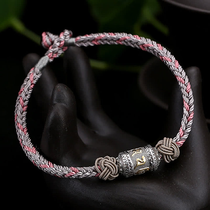 Buddha Stones 925 Srebro Sterlingowe Om Mani Padme Hum Koło Modlitewne Szczęście Siła Bransoletka z Czerwonego Sznurka