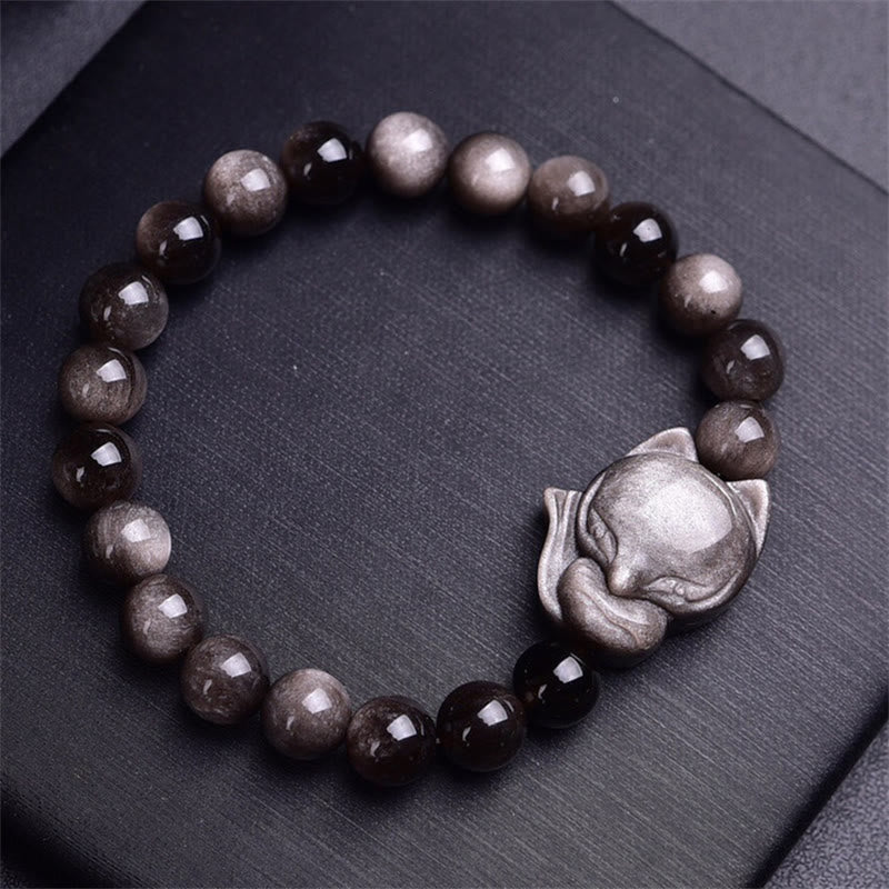 Bransoletka ochronna z naturalnego srebrnego połysku z obsydianu i lisa z Buddha Stones