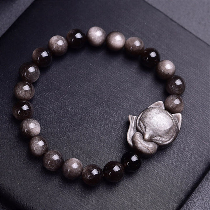 Bransoletka ochronna z naturalnego srebrnego połysku z obsydianu i lisa z Buddha Stones