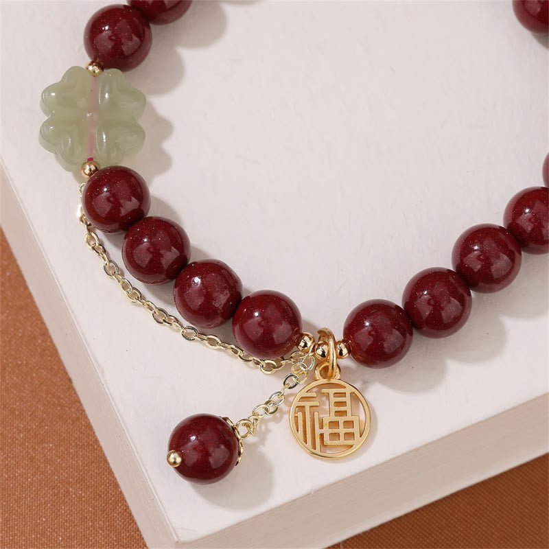 Buddha Stones Cynober Fu Charakter Hetian Jade Szczęśliwa Czterolistna Koniczyna Błogosławieństwo Bransoletka