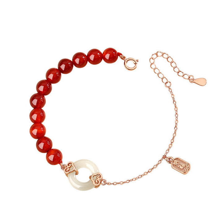 Buddha Stones 925 Sterling Silver Natural Red Agat White Jade Peace Buckle Confidence