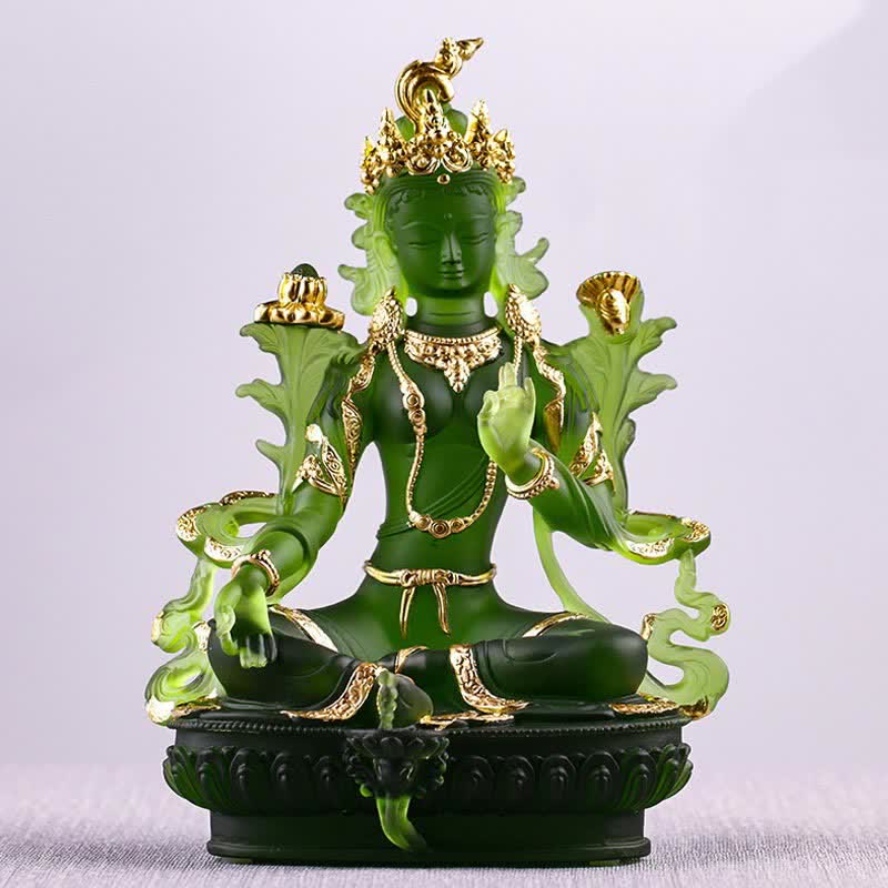 Buddha Stones Bodhisattwa Zielona Tara Ręcznie Robione Liuli Kryształowe Dzieło Sztuki Ochrona Domu Biuro Statua Dekoracja - image 0