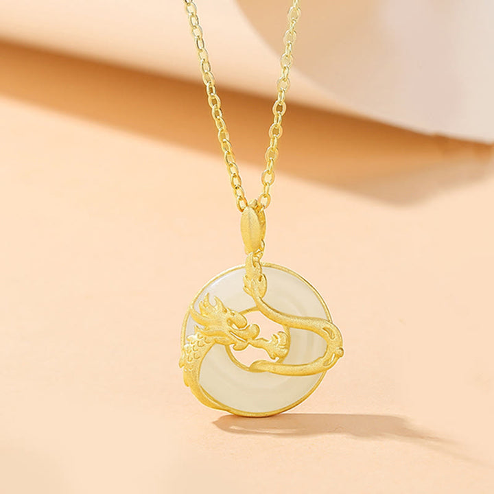 Buddha Stones 925 Srebro Sterling Rok Smoka Hetian Jade Złoty Smok Feniks Klamra Pokoju Naszyjnik Szczęścia Wisiorek