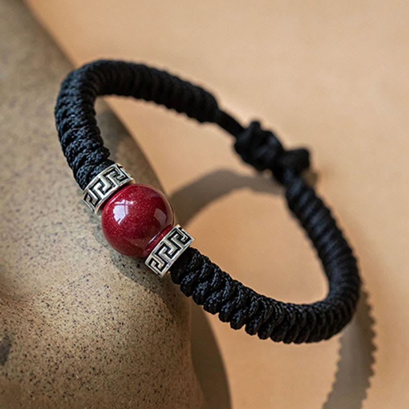 Buddha Stones 925 Srebro Sterling Naturalny Koralik Cynobru Spokojna Ręcznie Robiona Bransoletka Z Plecionego Sznurka