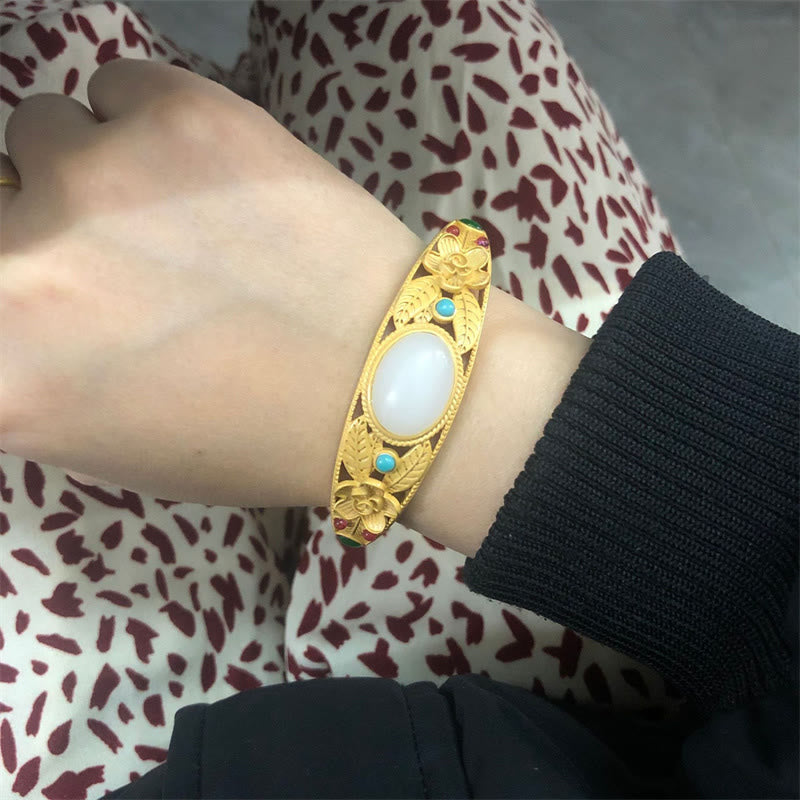 Buddha Stones Cyjan Jade Biały Jade Kwiat Liść Harmonia Szczęście Bransoletka Bangle