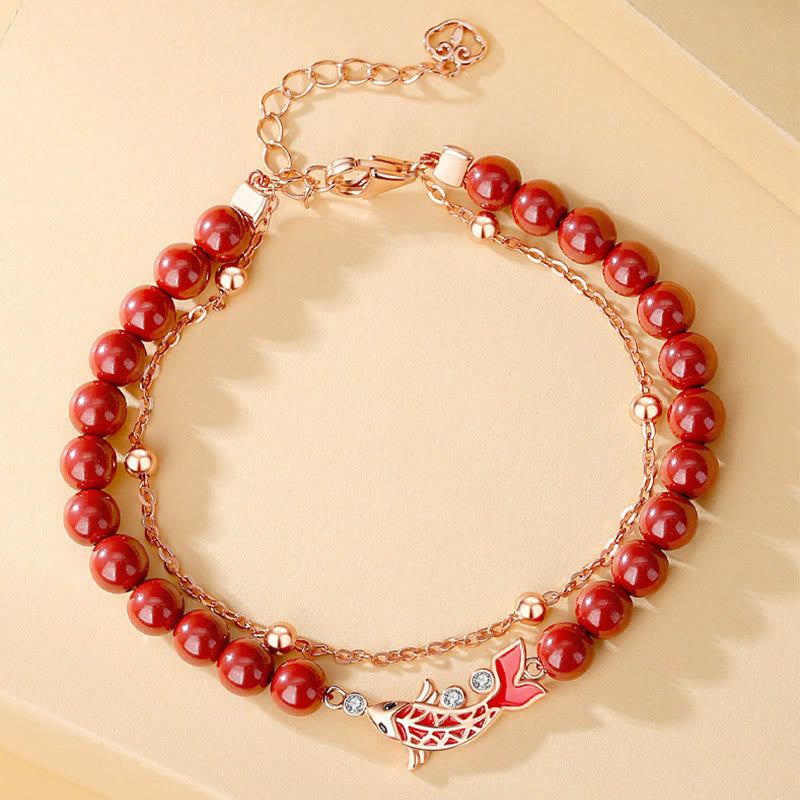 Bransoletka z podwójnym łańcuszkiem Buddha Stones 925 Sterling Silver Lucky Koi Fish Cinnabar Zircon Prosperity